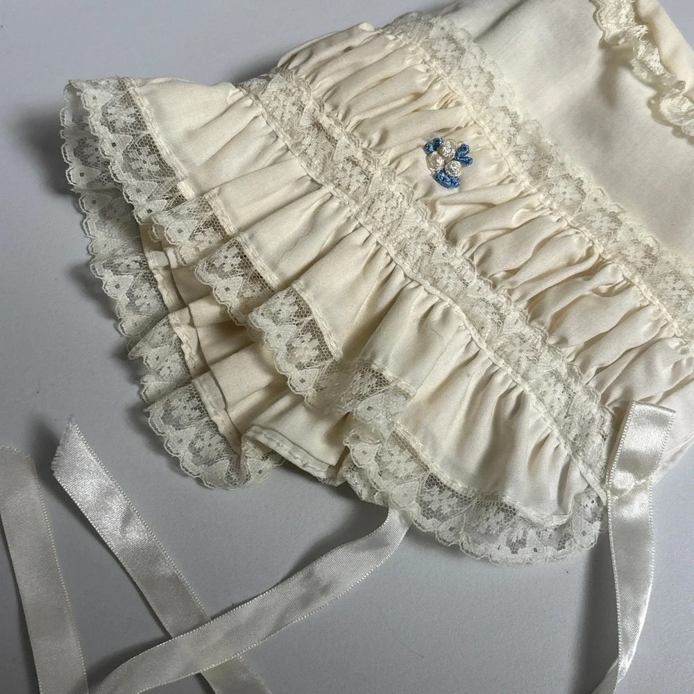 Vintage Baby Bonnet Cream Lace Ruffle Floral Embroidery Ribbon Heart Christening